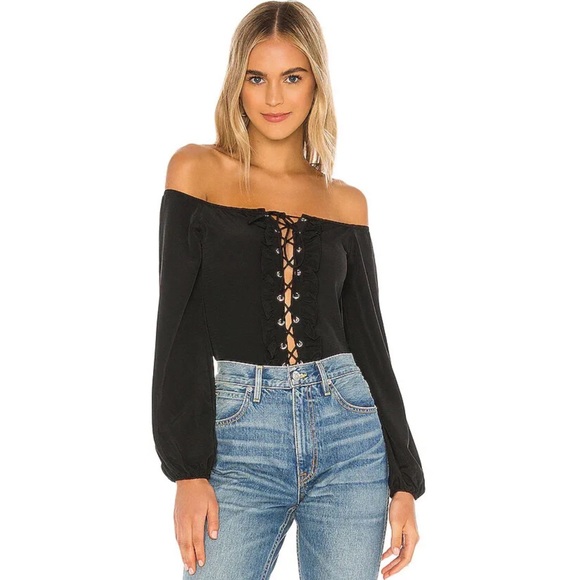 superdown Tops - Revolve Superdown Lulu Bodysuit Black Lace Up Smocked Long Sleeve